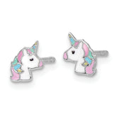 Sterling Silver Rhodium-plated Enameled Unicorn Children's Post Earrings